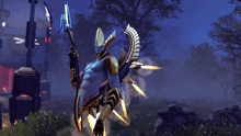 a video game character with wings and a spear is standing in a field