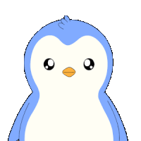 a blue and white penguin with heart shaped eyes and arms