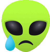 a green alien with a sad face and a blue tear