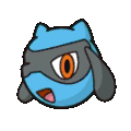 a pixel art drawing of a blue and black pokemon with orange eyes covering its face .