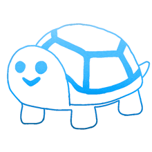 a drawing of a blue turtle with a smiling face