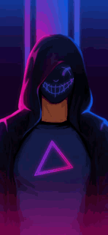 a man wearing a hoodie and a mask with a neon triangle on his shirt