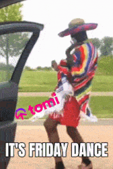 a man in a sombrero and poncho is dancing in front of a car with the words it 's friday dance