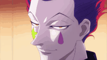 a close up of a cartoon character with purple hair and a tear in his eye