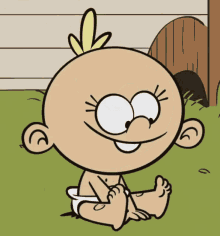 a cartoon baby in a diaper is sitting on the grass and smiling