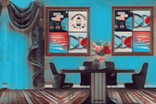 a painting of a room with a table and chairs and a poster that says " walking digital "