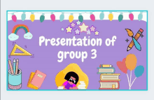 a presentation of group 3 with a girl reading books and balloons