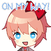 a cartoon girl with a red bow on her head and the words on my way