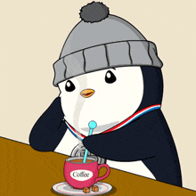 a penguin is holding a cup of coffee with a spoon in it