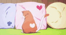 a cat with a heart on its back is looking at a pillow with a heart on it