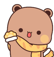 a cartoon of a teddy bear wearing a scarf and holding a piece of food .