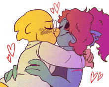 a couple of cartoon characters kissing with red hearts around them