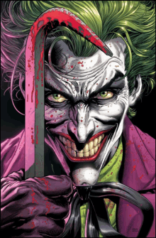 a comic book cover of the joker holding a bloody stick