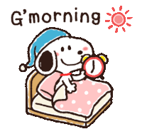 a cartoon of snoopy laying in bed holding an alarm clock with the words g morning below him