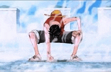 monkey d luffy from one piece is kneeling down on the ground .