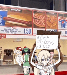 a girl holds up a sign that says keep hotdogs $ 1.50