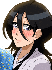 a drawing of a girl with black hair and blue flowers