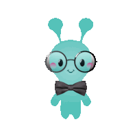 a blue cartoon character with glasses and a bow tie