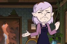 a cartoon character with purple hair and ears making a face