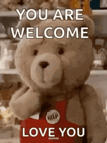 a teddy bear is saying `` you are welcome , love you '' .