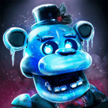 a blue teddy bear with a top hat and holly on it