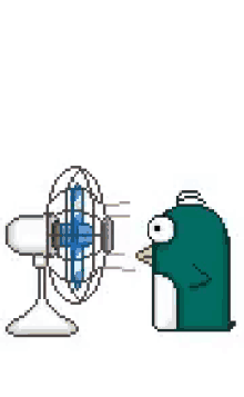 a pixel art of a penguin standing next to a fan with a speech bubble that says `` cool '' .