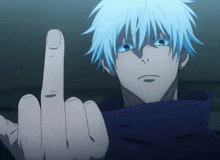 a blue haired anime character shows the middle finger