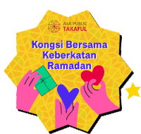 a poster for aia public takaful with two hands holding hearts and a gift box