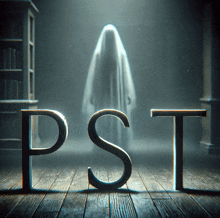 a ghost is behind the letters pst on a wood floor