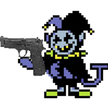 a pixel art of a jester with a gun .