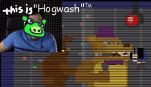 a man wearing a pig mask is sitting in front of a screen that says hogwash