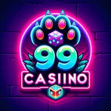 a neon sign for a 99 casino with a paw and dice