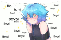 a girl with blue hair is surrounded by boys stickers