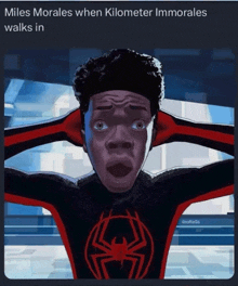 miles morales when kilometer immorales walks in poster with a surprised look on his face