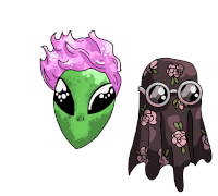 a drawing of an alien with pink hair and a ghost with glasses