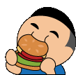 a cartoon man is eating a hamburger with his mouth open .