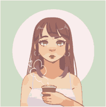 a girl with green eyes is holding a cup of coffee in her hand