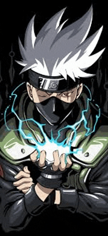 kakashi hatake from naruto is wearing a mask and holding a lightning bolt in his hand .