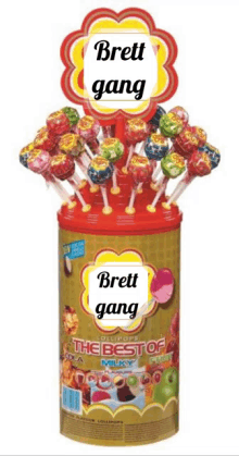 a can of brett gang lollipops is displayed on a white background