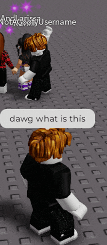 a screenshot of a roblox game with a person saying " dawg what is this "