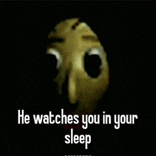 a cartoon face with the words he watches you in your sleep below it