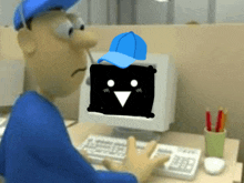 a cartoon character wearing a blue hat is looking at a computer screen