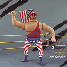 a cartoon of a wrestler holding an american flag with the name mike yellerbelly below him