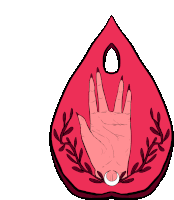 a drawing of a hand with long nails on a red teardrop