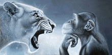 a lion and a chimpanzee are standing next to each other with their mouths open .