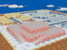 a pixel art drawing of a pyramid with a blue sky in the background