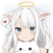 a girl with white hair and cat ears is holding a stuffed cat