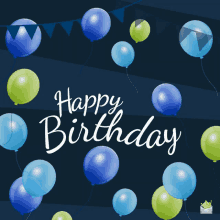 a birthday card with blue and green balloons says happy birthday