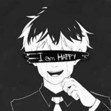 a black and white drawing of a boy with a bandage on his eyes that says `` i am happy ''