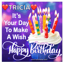 a birthday card for tricia with a cupcake with candles on it